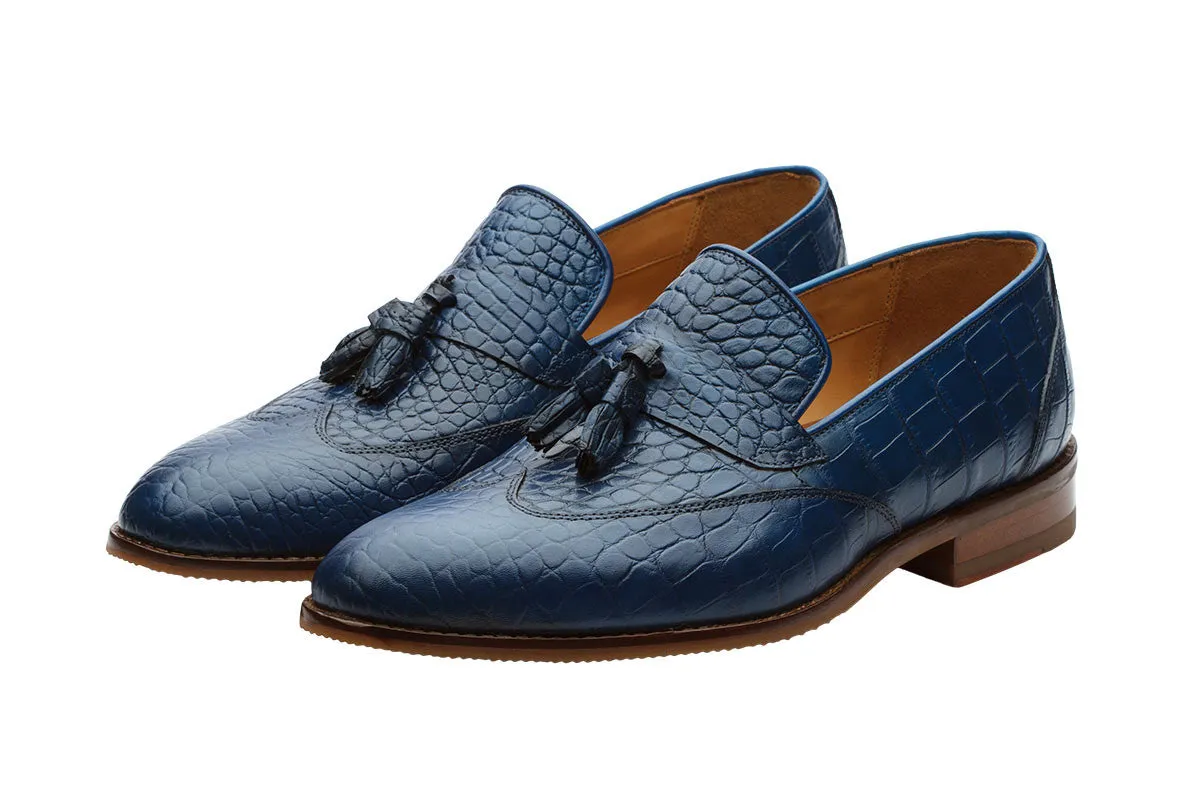 Wingcap Croc Print Tassel Loafer–Cobalt Blue