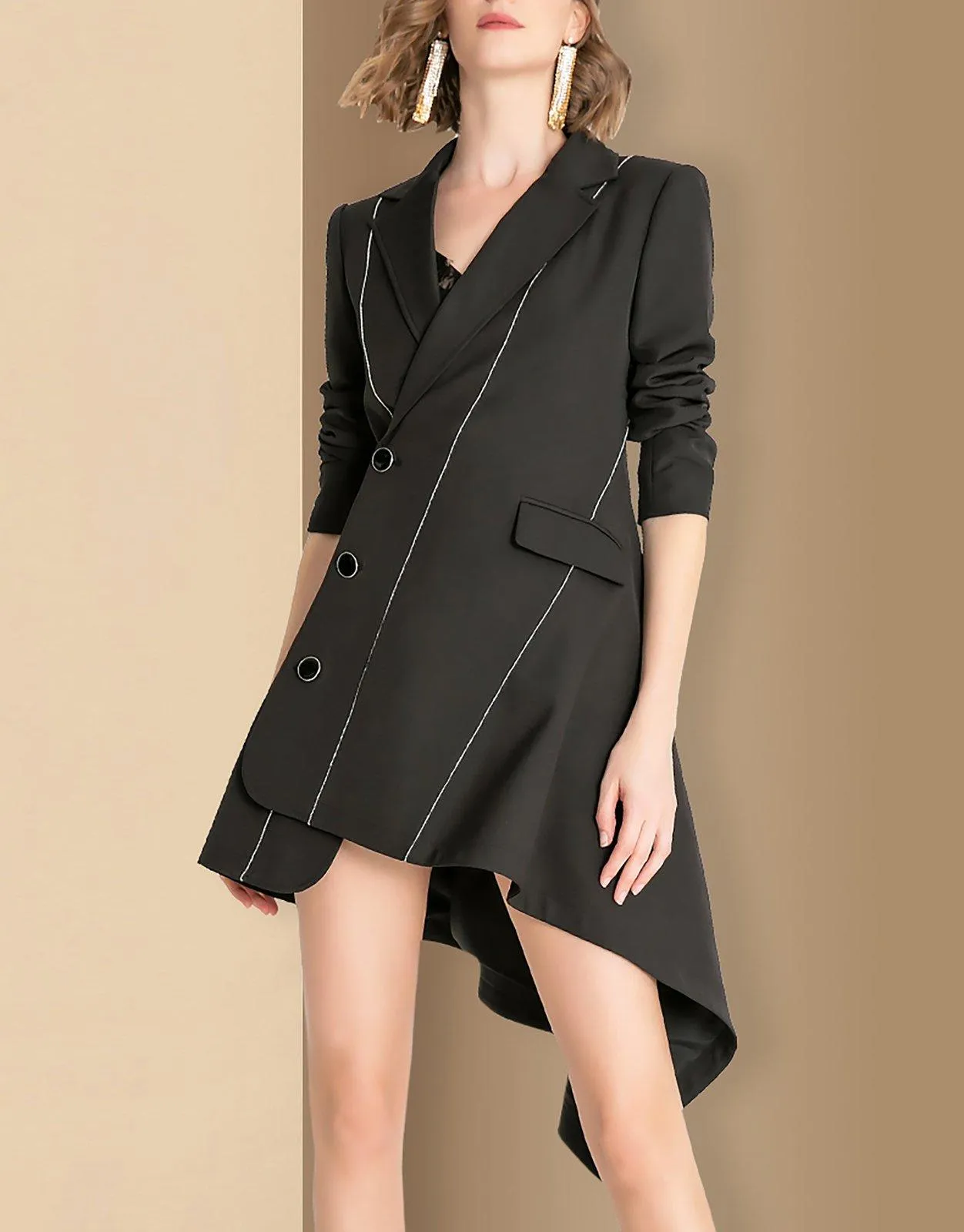 Women Black Irregular Single Breasted Long Blazer Trench Dress