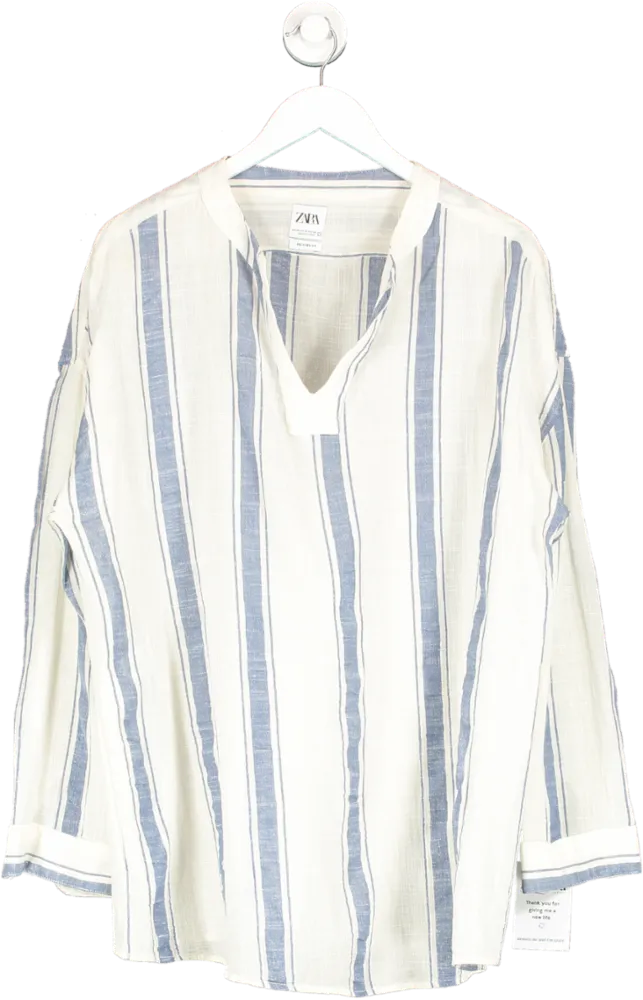 ZARA Cream Striped Cotton Collarless V Neck Shirt UK M